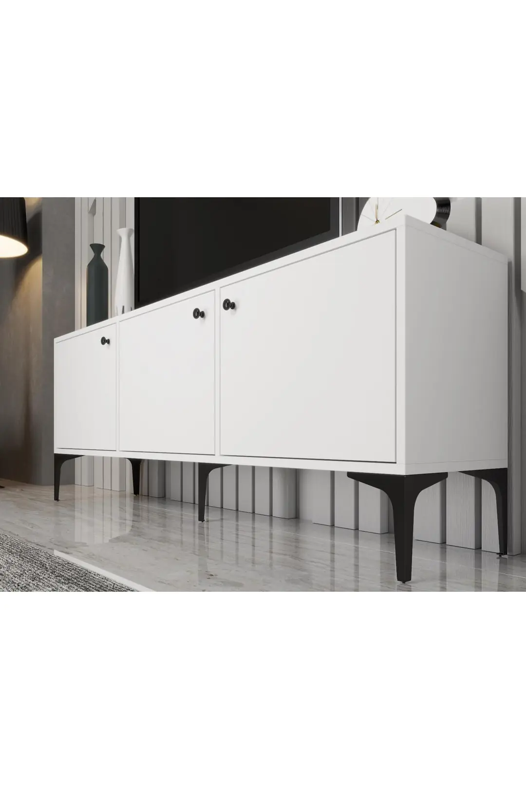 Bello 160 Cm Metal Ayaklı Tv Ünitesi - Konsol - Beyaz / Siyah